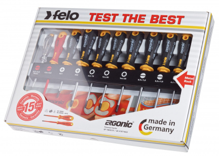 Felo Набор отверток SL/PZ/Tx Ergonic, отвертка VDE и отвертка тестер-сети на стальной стойке, 10 шт